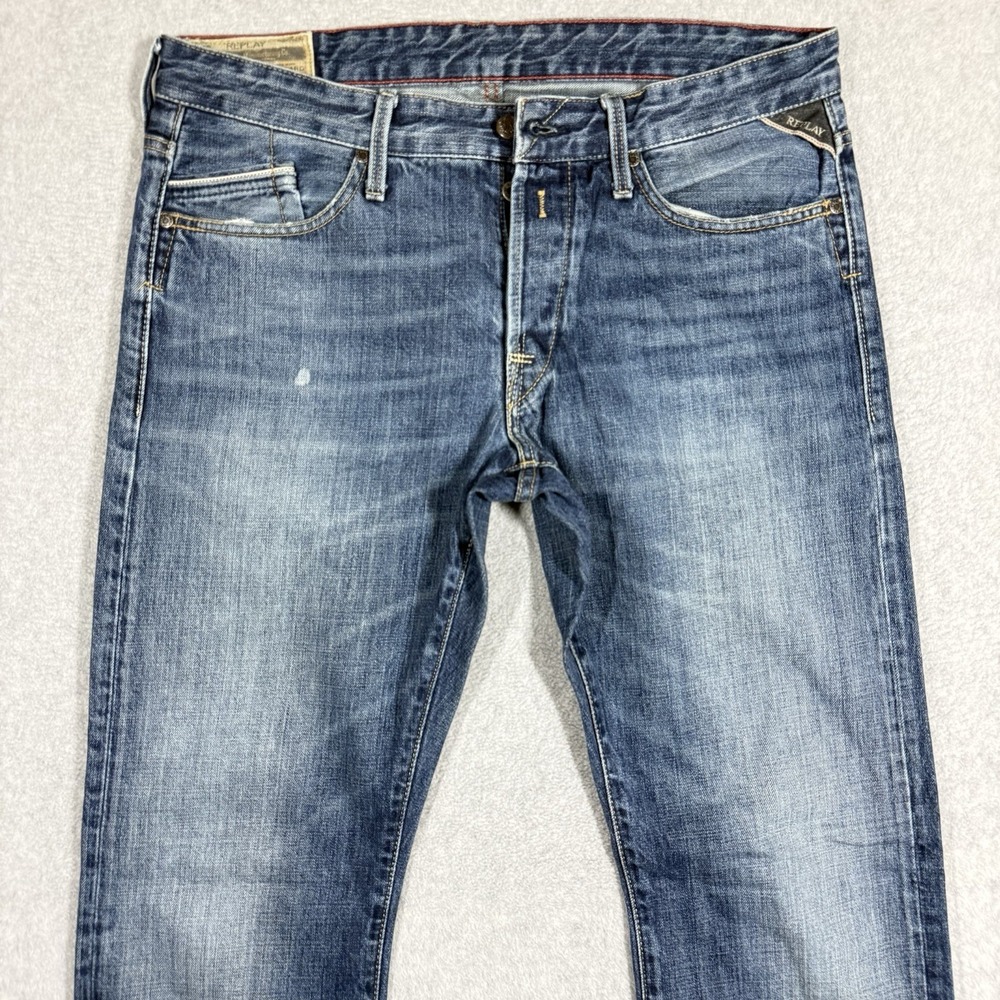 Replay Jeans Mens 34x34 Waitom STRAIGHT Leg M983 Button Fly Faded Whiskered - Picture 3 of 16